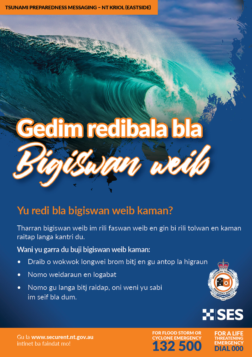 NT Kriol (Eastside) tsunami preparedness poster with NT Government and SES branding
