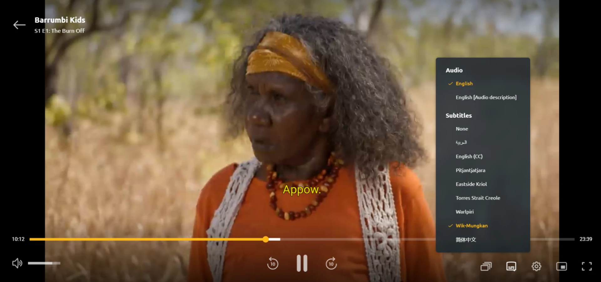 SBS On Demand video player for Barrumbi Kids with the subtitle-selection menu open, showing First Nations language subtitle options including Wik-Mungkan, Pitjantjatjara, Eastside Kriol, Torres Strait Creole and Warlpiri