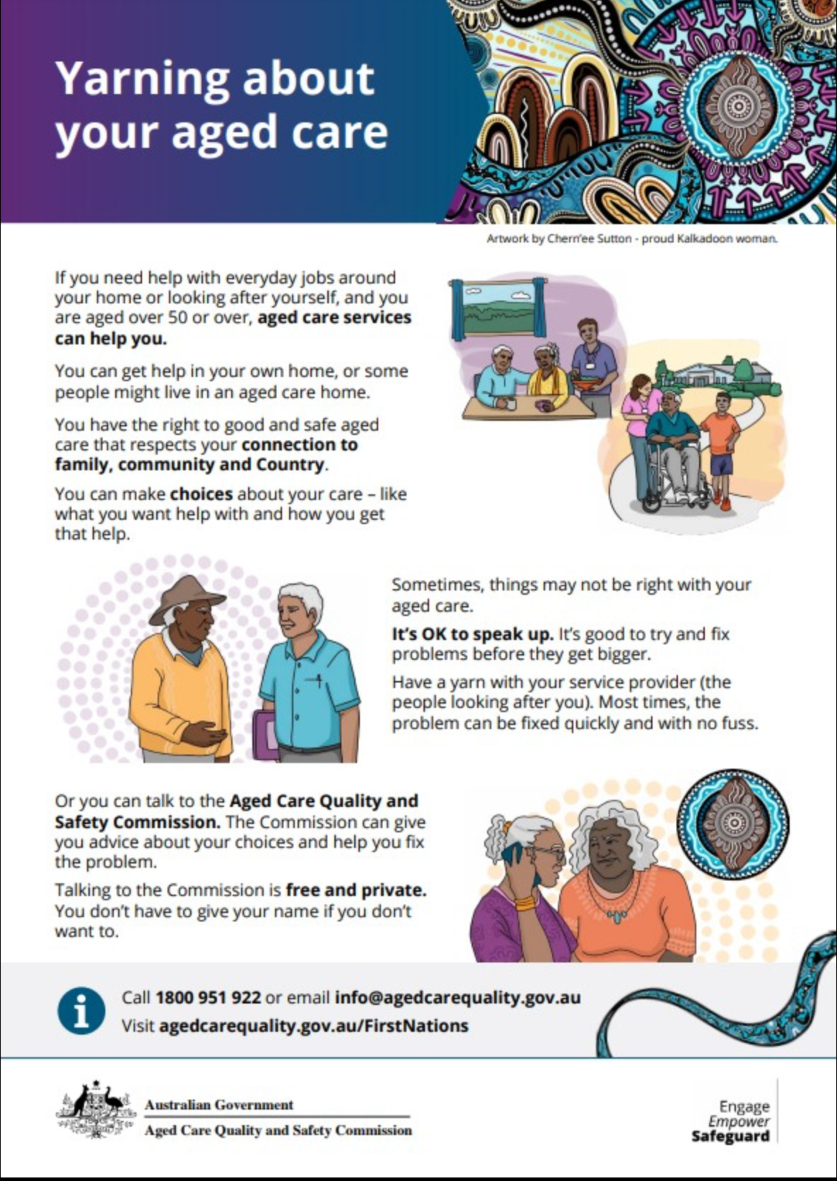 Australian Government Aged Care Quality and Safety Commission 'Yarning about your aged care' First Nations conversation guide, featuring First Nations artwork by Chern'ee Sutton