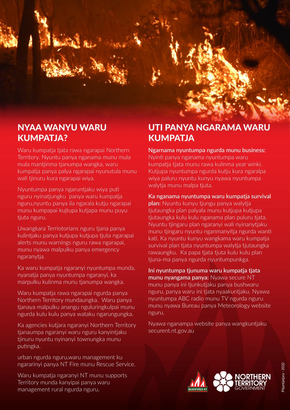 First page of the authentic Pitjantjatjara bushfire preparedness factsheet
