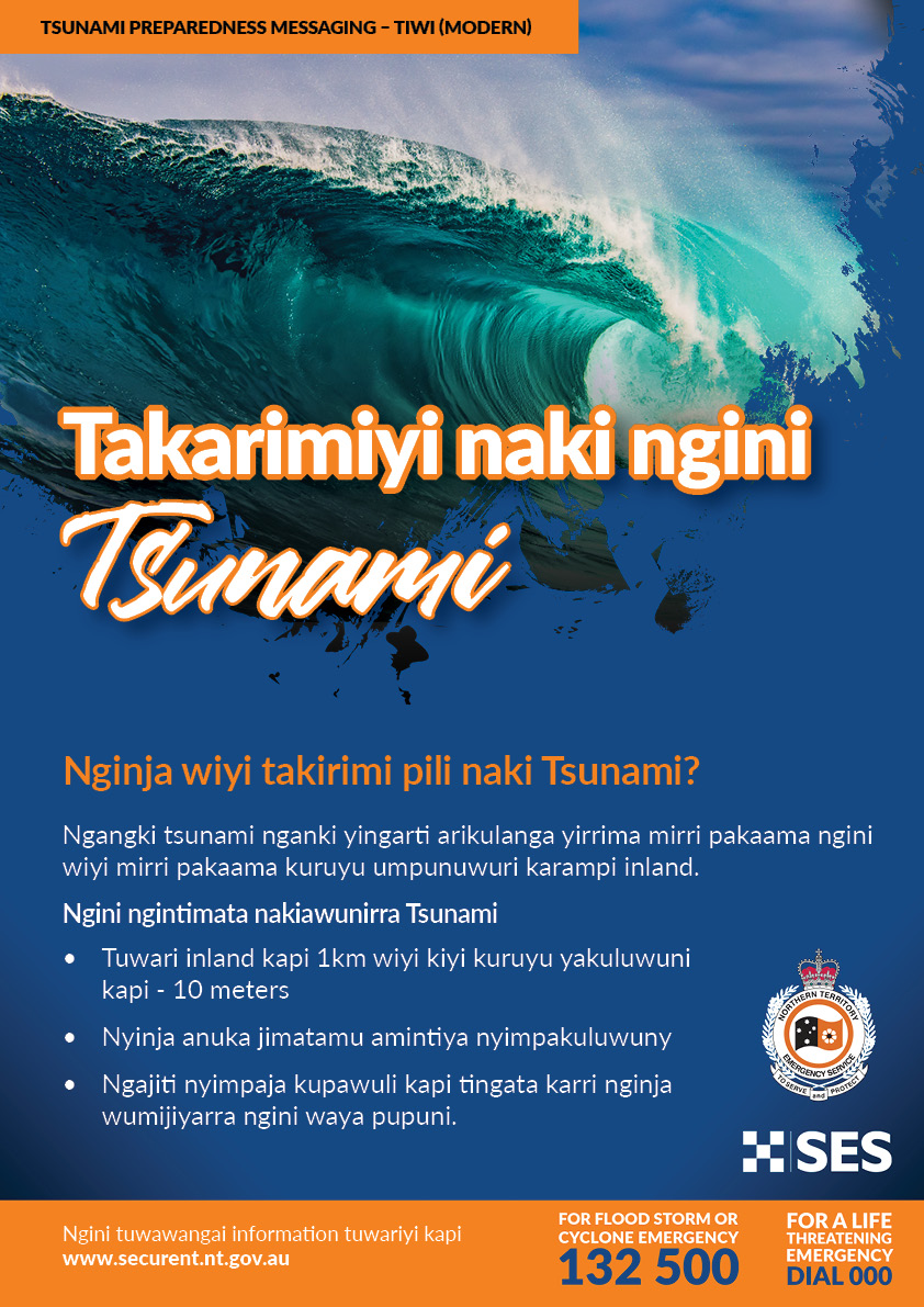 Tiwi (Modern) tsunami preparedness poster with NT Government and SES branding