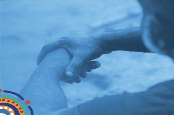 Domestic and family violence campaign artwork panel showing supporting hands with Aboriginal design motifs