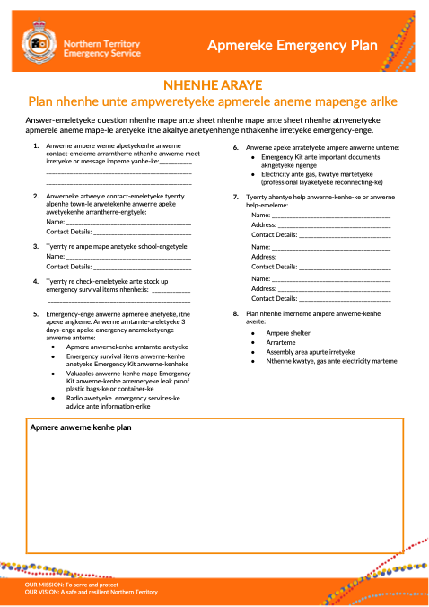 Arrernte-language Northern Territory Emergency Service Emergency Plan resource produced as part of the Preparing Australian Communities disaster resilience project.