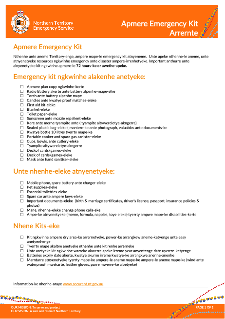 Arrernte-language Northern Territory Emergency Service Emergency Kit resource produced as part of the Preparing Australian Communities disaster resilience project.
