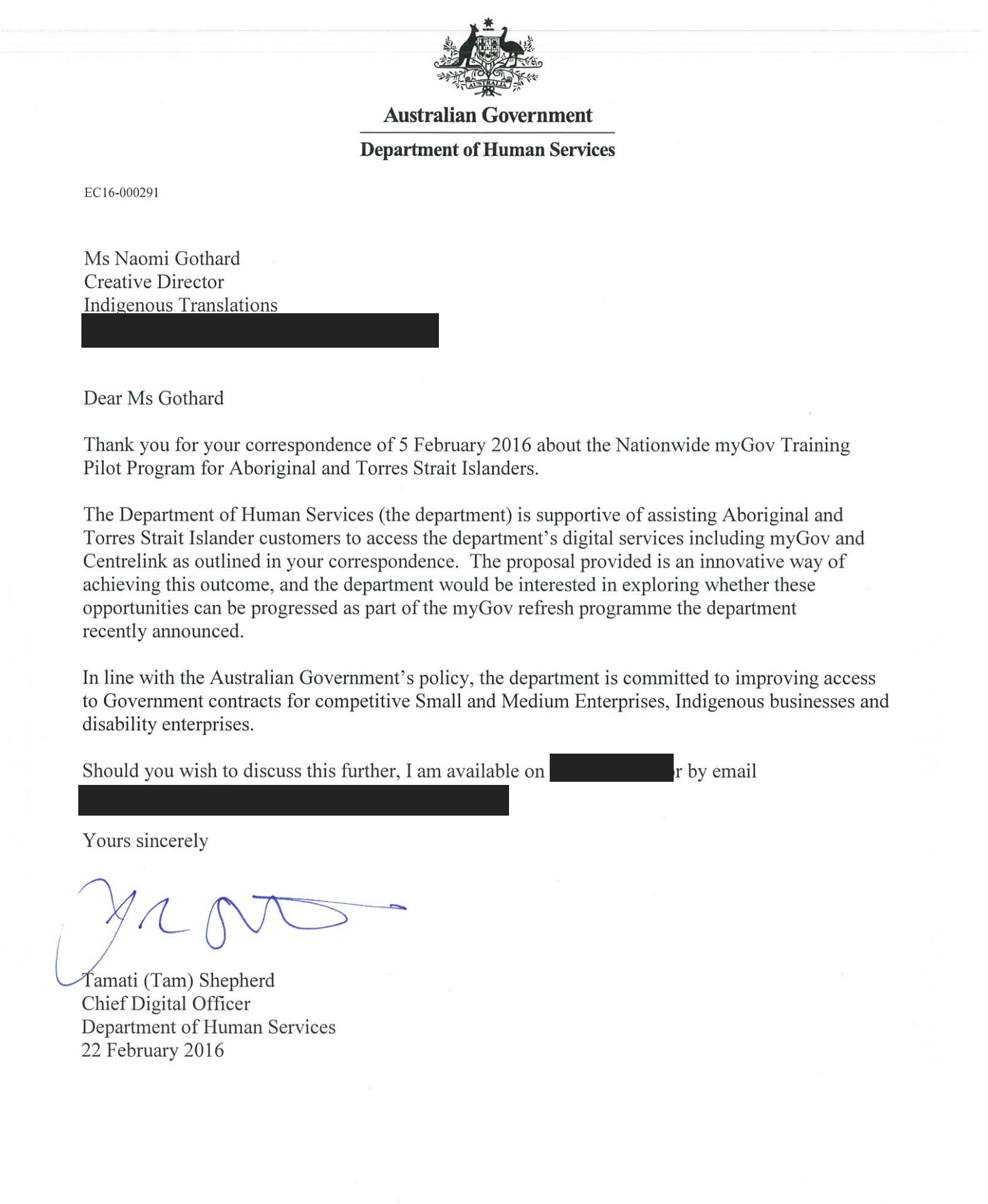 Department of Human Services letter dated 22 February 2016 regarding the myGov pilot program, with personal contact details redacted