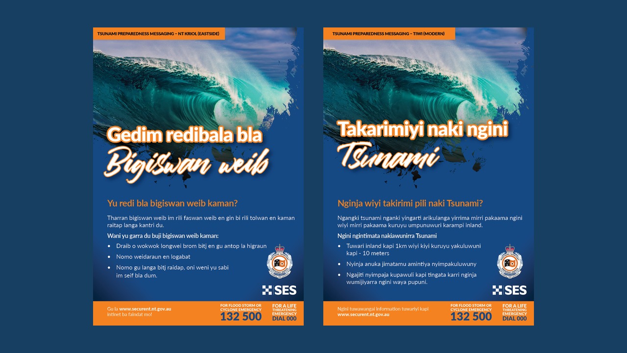 Authentic Eastside Kriol and Tiwi tsunami preparedness posters produced for Northern Territory communities