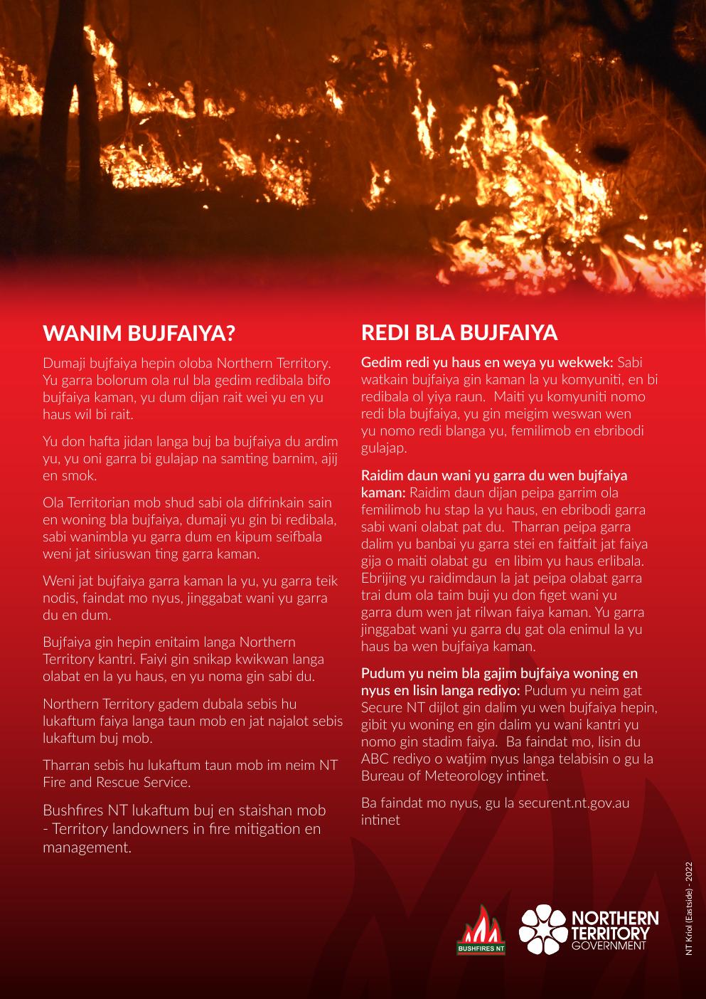 First page of the authentic NT Kriol (Eastside) bushfire preparedness factsheet