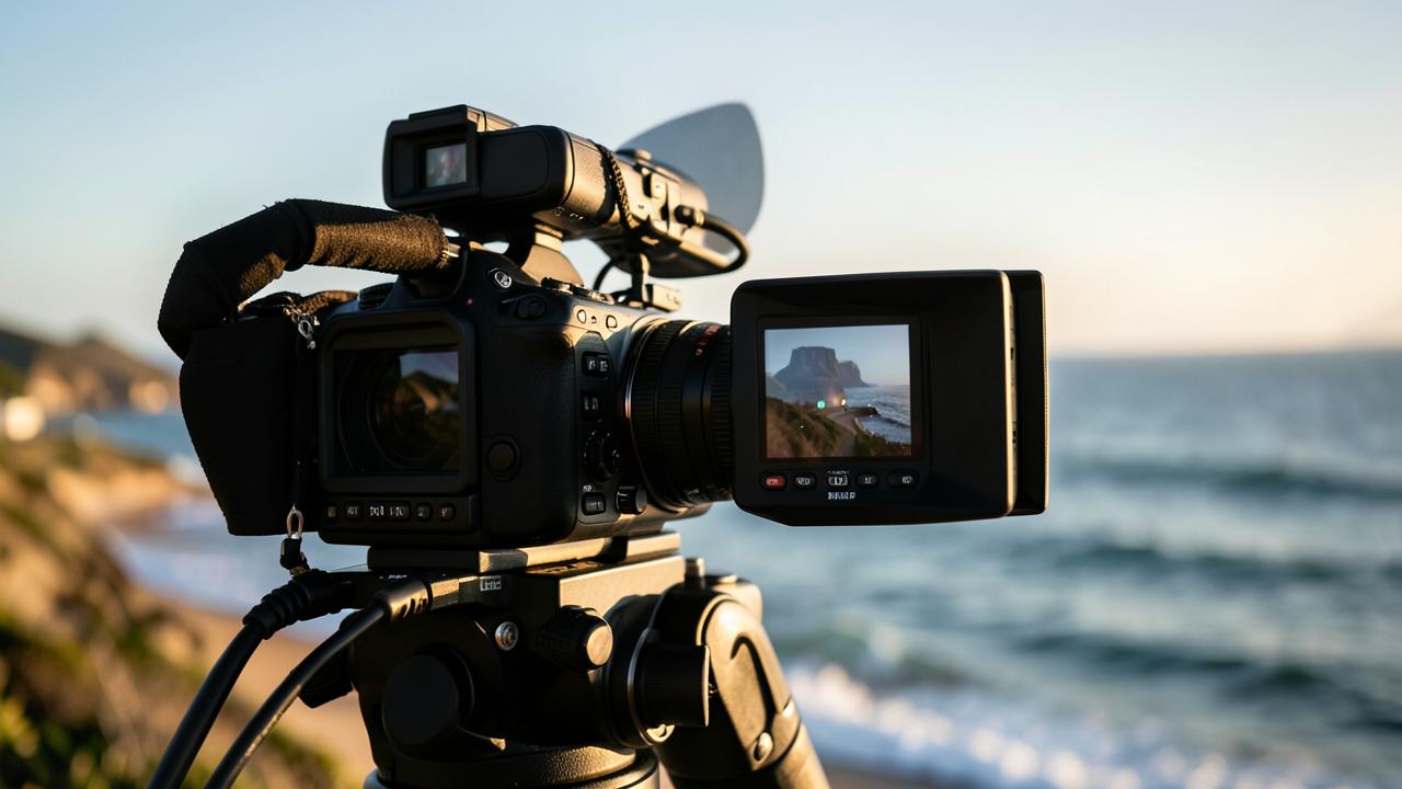 Film camera capturing an Australian coastal landscape — AEC multilingual film campaign